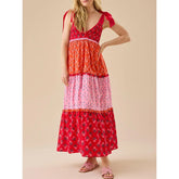 Floral Print Contrast Ruffle A-line Long Dress